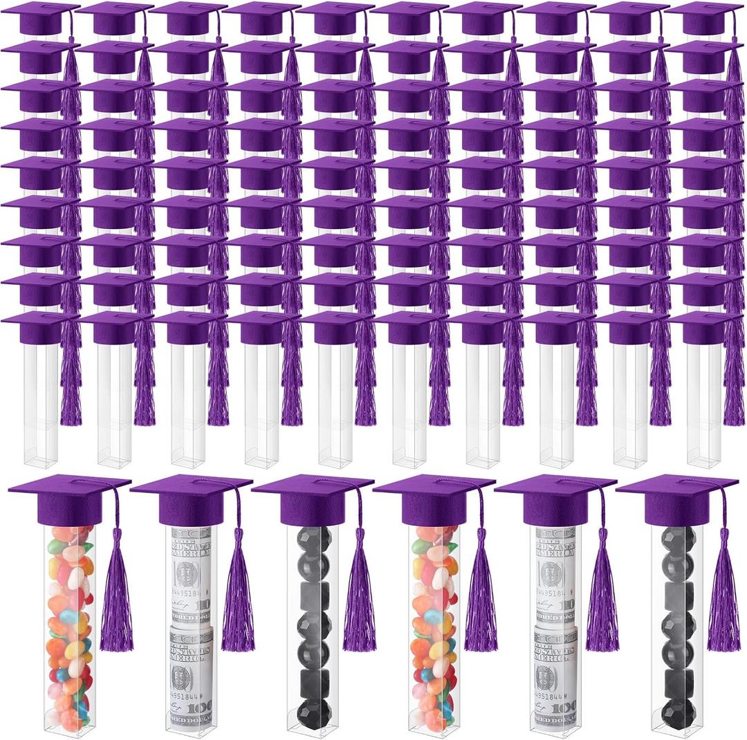 Leinuosen 100 Set 2025 Graduation Gumball Tubes Graduation Party Favors Include 100 Graduation Candy Container 100 Pcs Mini Graduation Caps with Gold Tassels Set for Grad Party Guest Supplies(Purple)