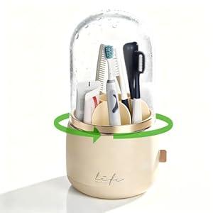 360° Rotating Toothbrush Holder for Bathroom, 7-Slot with Cover & Drainage for Electric Toothbrushes, Toothpaste, Razors - Stand Storage for Vanity, Bathroom Accessories, Countertop Organizer (Beige)