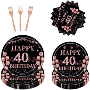 72 Pcs 40th Birthday Party Supplies Paper Plates and Napkins, Black Rose Gold 40th Birthday Plates Napkins Tableware Set for Girls Cheers to 40 Years Decorations, Serve 24
