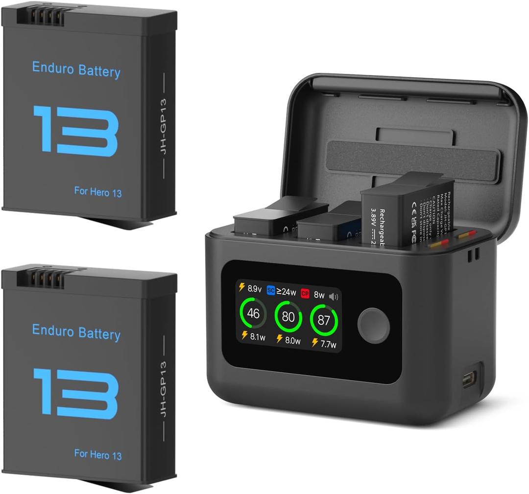 2 Pack Battery and Charger for GoPro Hero 13, 2100mAh Enduro Hero 13 Battery and Intelligent Two Way Charger Hub Triple Slot PD Fast Charging Case for Go Pro Hero 13 Black Accessories