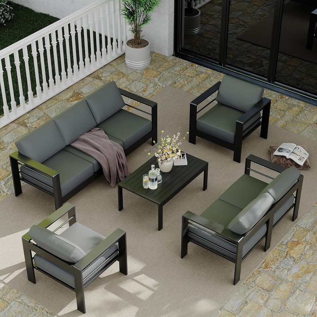 Garvee Aluminum Patio Furniture Set with Coffee Table, Outdoor Sectional Patio Set with Washable Thick Cushions, Patio Conversation Sets for Porch, Pool Side, Deck (Gray, 5 Piece / 7-Seats) (Grey)