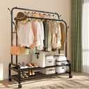Antiwar Sturdy Metal Double Rodding Clothes Rack With Wheels, Portable Clothing Rack With Shelves & Hooks, Heavy Duty Garment Racks for Hanging Clothes, Multi-Functional Closet Rack for Bedroom, Black