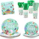 192 Pcs Easter Plates and Napkins Set Party Decorations Birthday Decorations Paper Plates Napkins Cups Forks Tablecloth Banner Bow Tableware Serve 24