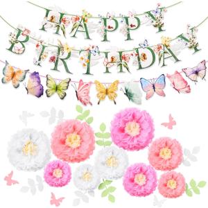 Fullhawl 24 Pcs Flower Birthday Banners Wildflower Spring Decorations Include Floral and Butterflies Birthday Letters and Paper Flowers with Butterfly and Leaves for Spring Garden Party Decorations