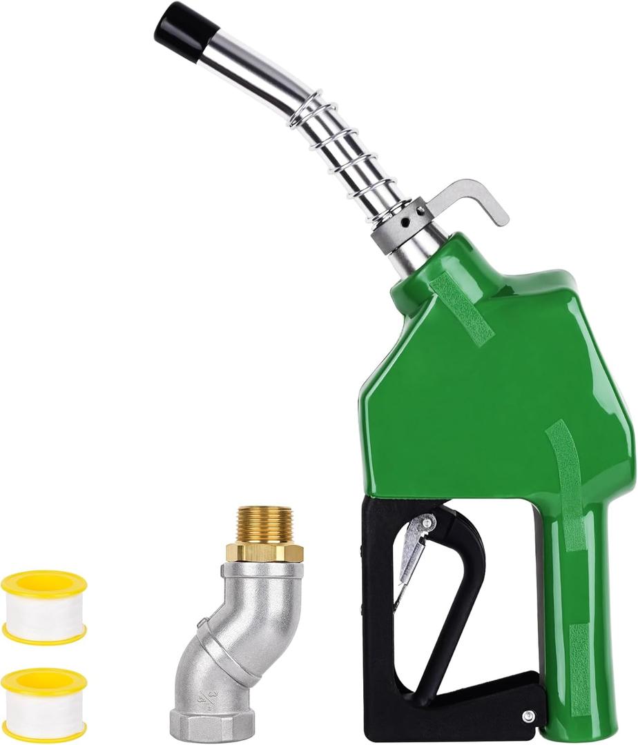 3/4" Green NPT Fuel Transfer Nozzle Kit, High Flow Auto Shut-Off Fuel Nozzle with 360 Hose Swivel, Suitable for Diesel, Gasoline, Kerosene (13/16" Spout, 3 Gear Padlock, 16 GPM)