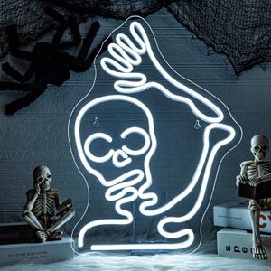 Skeleton Skull Neon Sign Halloween Decor Neon Signs For Wall Skeleton Halloween Led Lights For Bedroom Front Door Man Cave Bar Game Room Party Decoration Gifts USB Powered LED light 11.4x15.9in