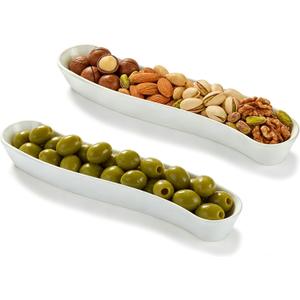 2 Pack Olive Trays, 12 inch Ceramic Olive Dish for Appetizers Crackers Nut and Snacks, Unique Styling and Elegant Design for Charcuterie in Entertaining Party and Daily Use, Dishwasher Safe