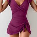 Aidonger One Piece Swimdress Tummy Control Ruffle Swimsuit for Women Tie Knot Swim Dresses V Neck Bathing Suit Skirt Burgundy ,Size 2XL