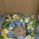 Faux Silk Flower Spring Summer Easter Wreath 24-26" for Front Door  White Ranunculus Yellow Daisy Blue Hydrangea Green Eucalyptus Leaves  Farmhouse Front Porch Wreath, Outdoor Indoor Use