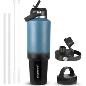 HYDROWION 40 oz Insulated Water Bottle, Car Water Bottle Holder - Double Wall Vacuum Insulated Travel Bottle with Straw Lid, Spout Lid and Flex Cap - Cold for 24H, Hot for 12H, Blue - Black
