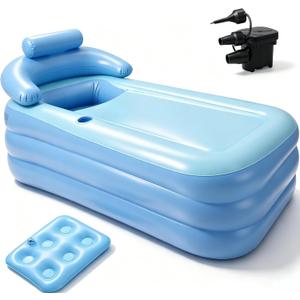 Anfrere Portable Inflatable Bathtub with Electric Air Pump, Foldable Freestanding Tub, Built-in Water Pillow & Back Support, Cup Holder, Insulated PVC, Includes Repair Patches for Indoor/Outdoor Use, 63"L x 33"W x 25.2"H