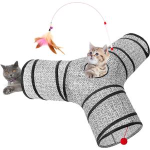 Tempcore 3 Way Collapsible Cat Tunnel for Indoor Cats, Pet Tunnel Bored Toys with Peek Hole & Ball for Puppy, Kitty, Kitten, Rabbit, Grey-Coin