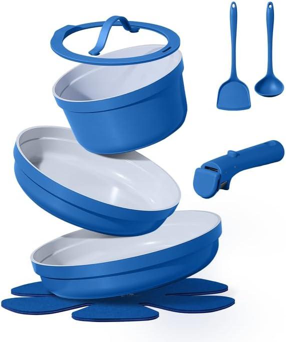CAROTE 9pcs Pots and Pans Set,Ceramic Cookware Sets Non Stick with Detachable Handle, Induction Kitchen Pots and Pans,RV Cooking Set, Oven/Dishwasher/Fridge Safe, Malta Blue
