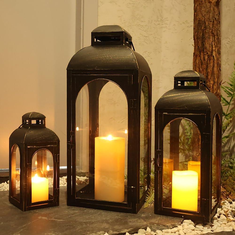 NEEDOMO Lanterns Decorative Indoor&Outdoor,Set of 3 Outdoor Lanterns for Porch, 26" Metal Frame Candle Holders with Glass, Fall, Christmas