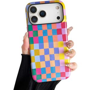 Compatible with iPhone 17 Pro Max Case, Cute Colorful Checkered Case with Shockproof Slim Soft TPU and Hard PC Protective Cover for Women/Men Designed for iPhone 17 Pro Max 6.9'', Colorful 2