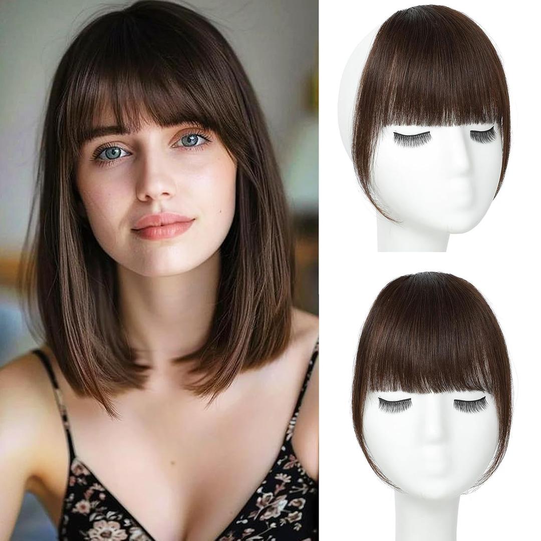 Clip in Bangs 100% Real Human Hair, Fake Bangs Clip on Bangs for Women, Dark Brown French Bangs Clip in Hair Extensions for Daily Wear (Dark Brown, French Bangs)
