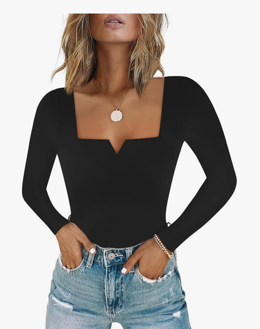 Chunpin Women's Square Neck Notch V Neck Long Sleeve Bodysuit Tops Double Lined Thong Bodysuit, XXL