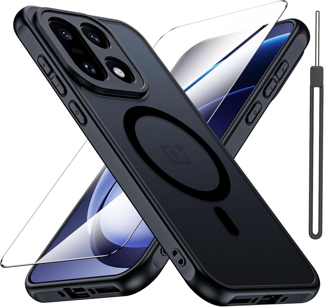 Magnetic Case for Oneplus 15 5G with Screen Protector [Compatible with Magsafe][Wrist Strap] Translucent Matte Slim Protective Phone Cover(Black)