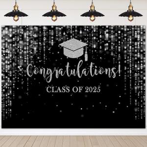 Mocsicka Class of 2025 Backdrop Black Silver Glitter Bokeh Graduation Party Background 2025 Congrats Grad Prom Party Cake Table Decoration Photo Booth Props (7x5ft)