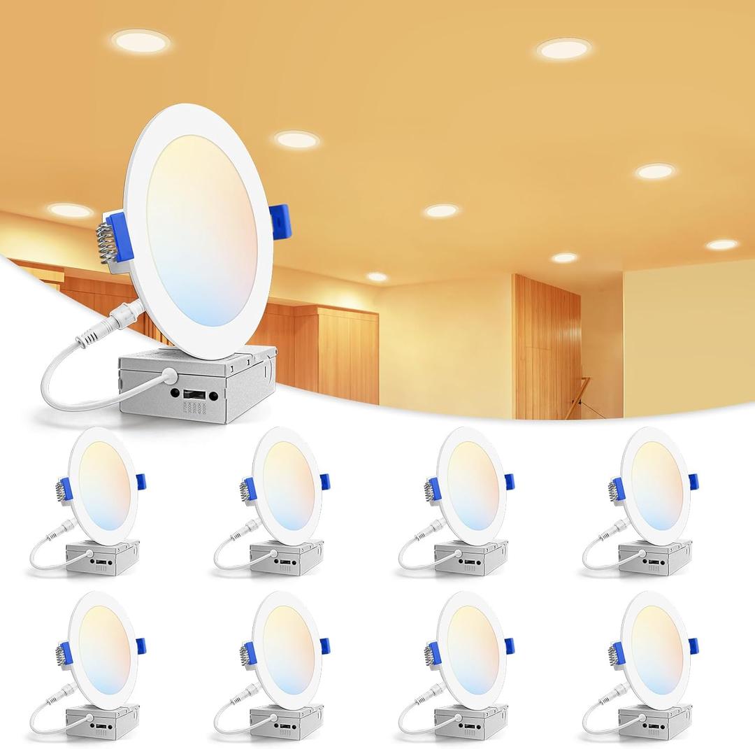 VOLISUN 8 Pack 6 inch Recessed Lighting, 5CCT LED Recessed Light with Junction Box, 2700K-5000K Selectable, 13W Eqv 120W, 1080LM Dimmable Canless Wafer Downlight, LED Ceiling Light ETL Certificated (White)