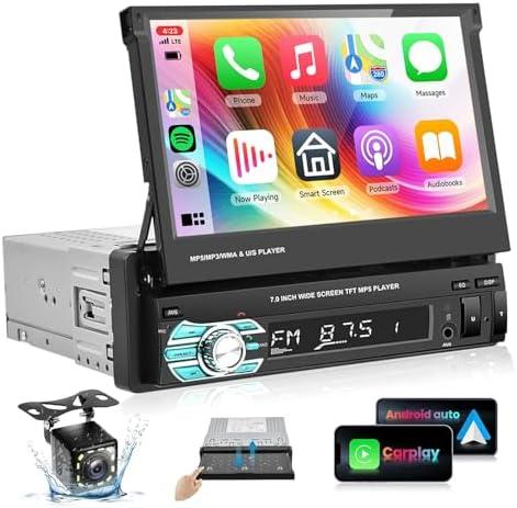 Single Din Car Stereo Radio with AppIe Carplay Android Auto Airplay MirrorLink,Podofo 7inch 1080P Flip Out Car Radio Bluetooth FM Radio HD Backup Camera,2.0 USB,TF Card,AUX-in Ports,Support SWC