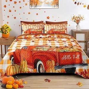 Pamnest Fall Quilt Set Queen Size, Autumn Truck Plaid 3 Pcs Soft Bed Cover Bedding Set for Kids and Adults, Farmhouse Plants Themed Lightweight Bedspread Coverlet with Pillow Sham for All Season