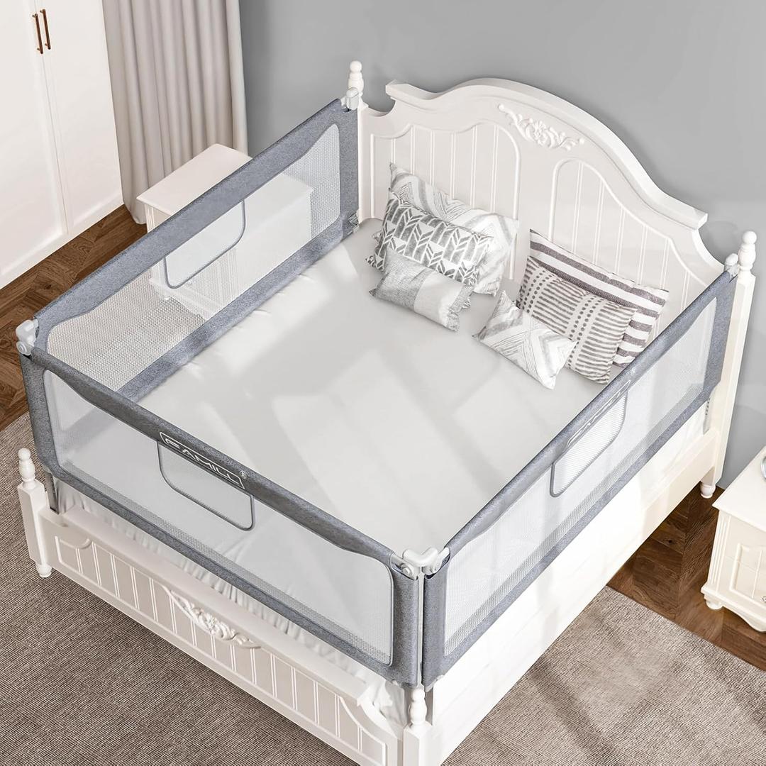 FAMILL Toddler Bed Rails with Minutes Assembly, Foldable Bed Guard Rail for Toddlers, Bed Rail for Toddlers with Large U-Shape Base, Bed Rails for Queen Bed (1 Side Grey 60")