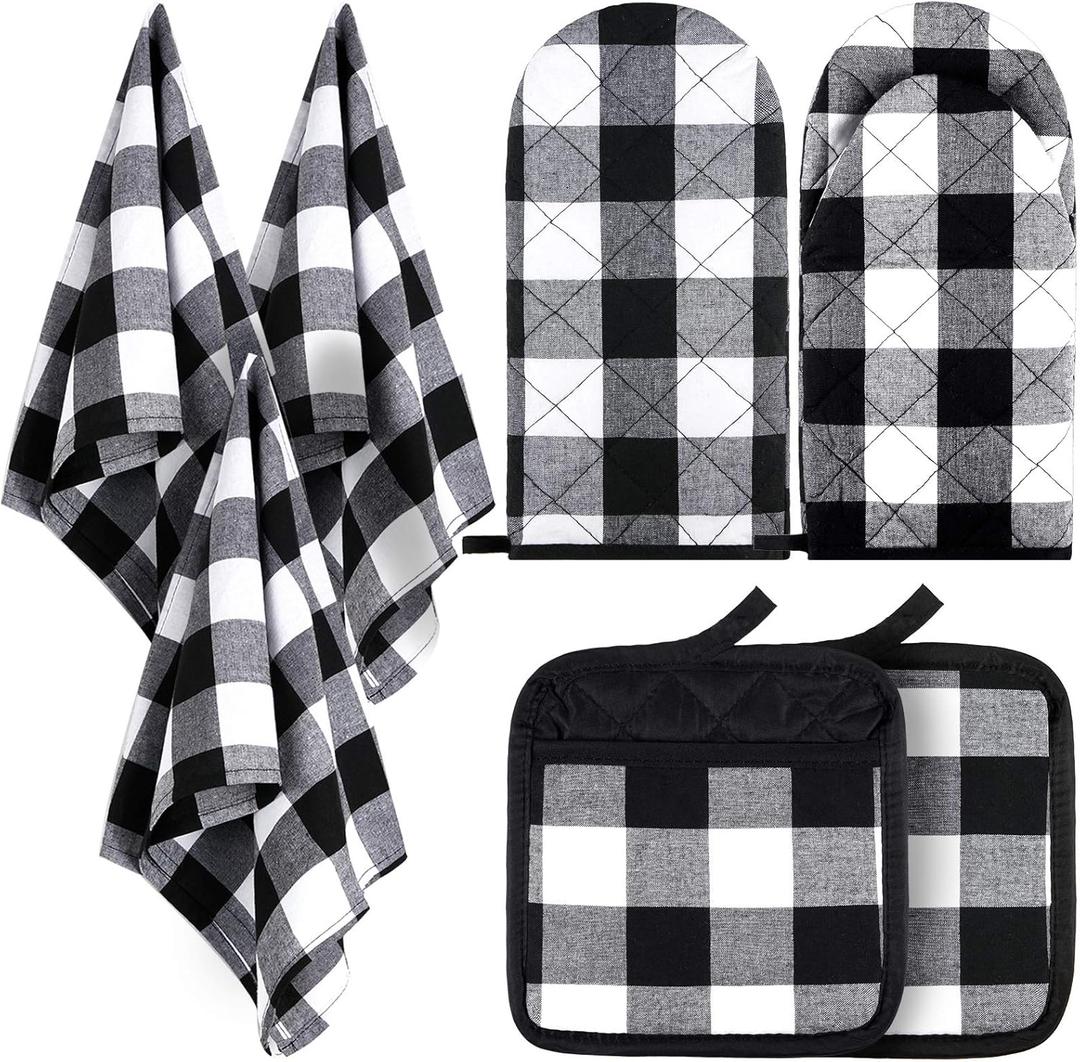 7 Pieces Buffalo Check Dish Towels Pot Holders Oven Mitts Set Cotton Plaid Kitchen Dish Towels Non-Slip Heat Resistant Oven Mitts and Pot Holders for Cooking Baking Grilling Supply (Black with White)