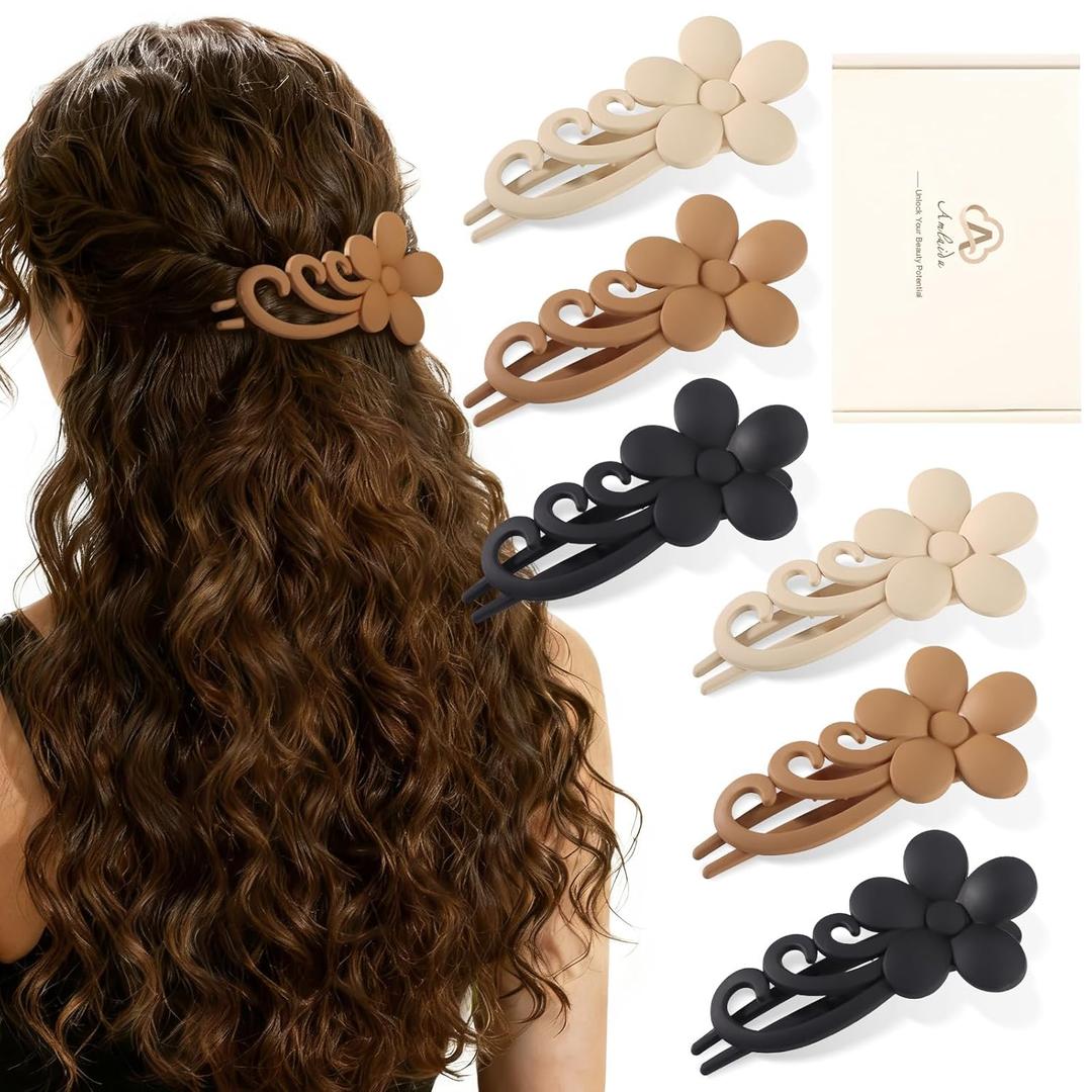 Medium Flat Hair Clips for Fine Thin Hair, Cute Flower Claw Clips for Women for Hawaiian Vacation, 6 Pcs (Black, Brown, Beige)