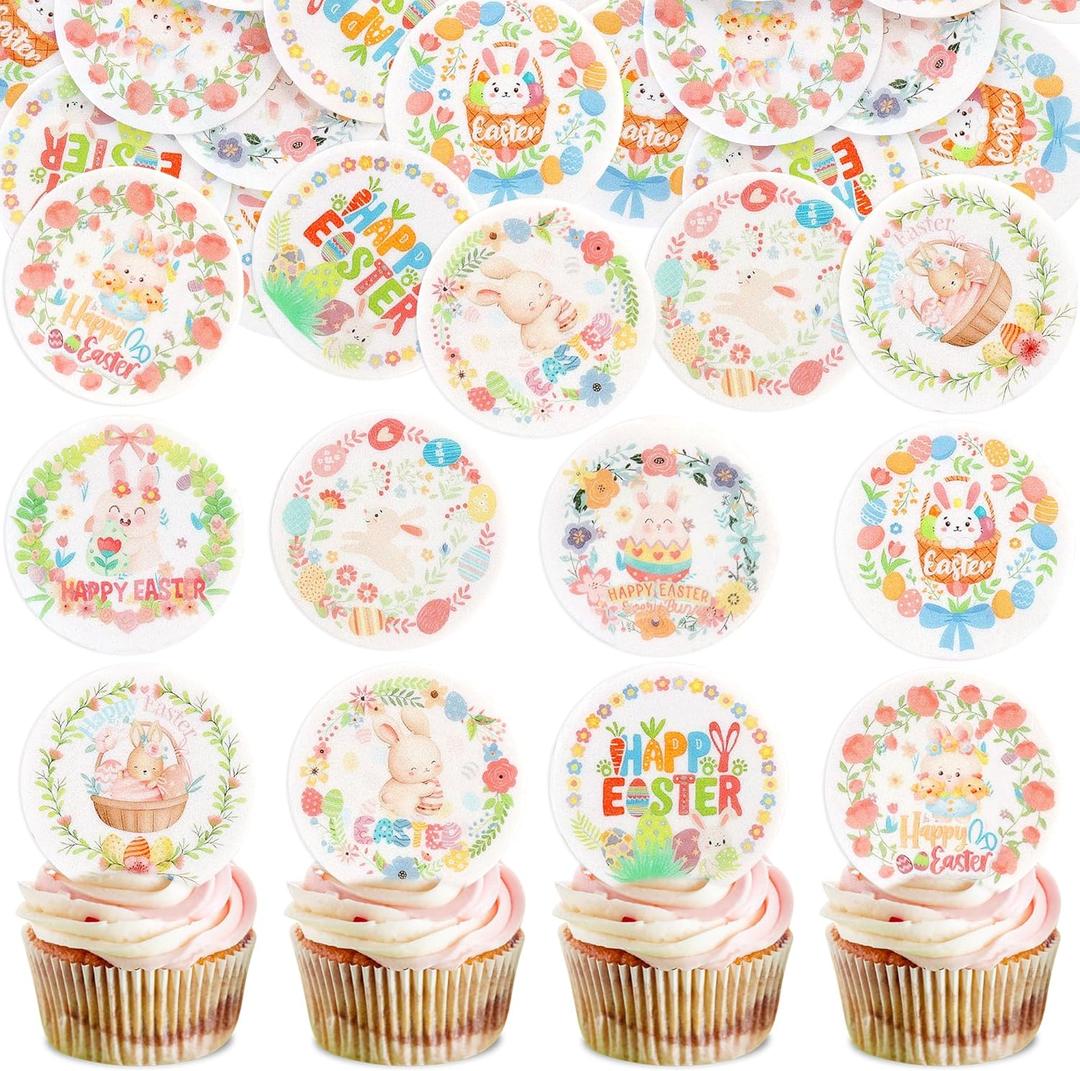 56 Pcs Easter Edible Cupcake Toppers with Bunny Egg Decorations for Birthday, Rabbit Theme Party and Baby Shower Party (Style 1)