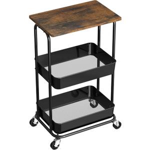 Simple Houseware 2-Tier Rolling Utility Cart with Lockable Wheels and Wood Top, Metal Storage Organizer Trolley for Kitchen, Bathroom, Office, Craft Room, Rustic Brown