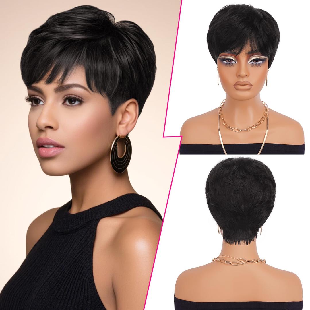 PEACOCO Pixie Cut Wigs Human Hair Short Wigs for Black Women Natural Straight Glueless Pixie Wig with Bangs Layered Virgin Short Wigs for Women 1B (244)
