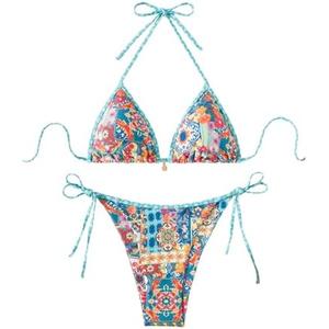BEAUDRM Women's 2 Piece Floral Bikini Boho Halter Triangle Bikini Set Tie Back Swimsuit Bathing Suit Beachwear Swimwear, Size Large