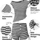 EXLURA Women 2 Piece Summer Outfits Casual Striped Lounge Set Ribbed Knit Off Shoulder Short Sleeve Top and Drawstring Shorts