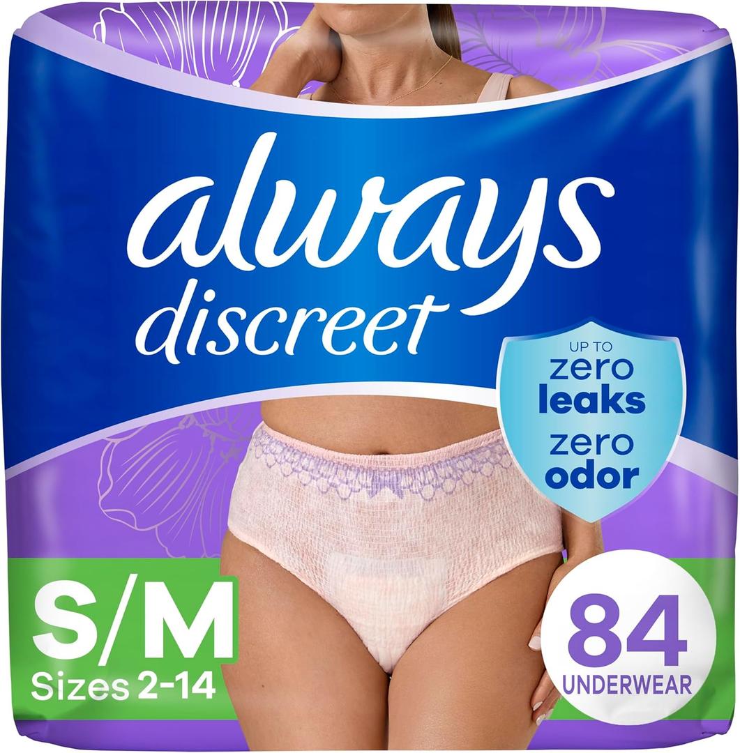 Always Discreet Adult Incontinence Underwear for Women and Postpartum Underwear, S/M, Up to 100% Bladder Leak Protection, 84 Count (Packaging May Vary) (Small/Medium)