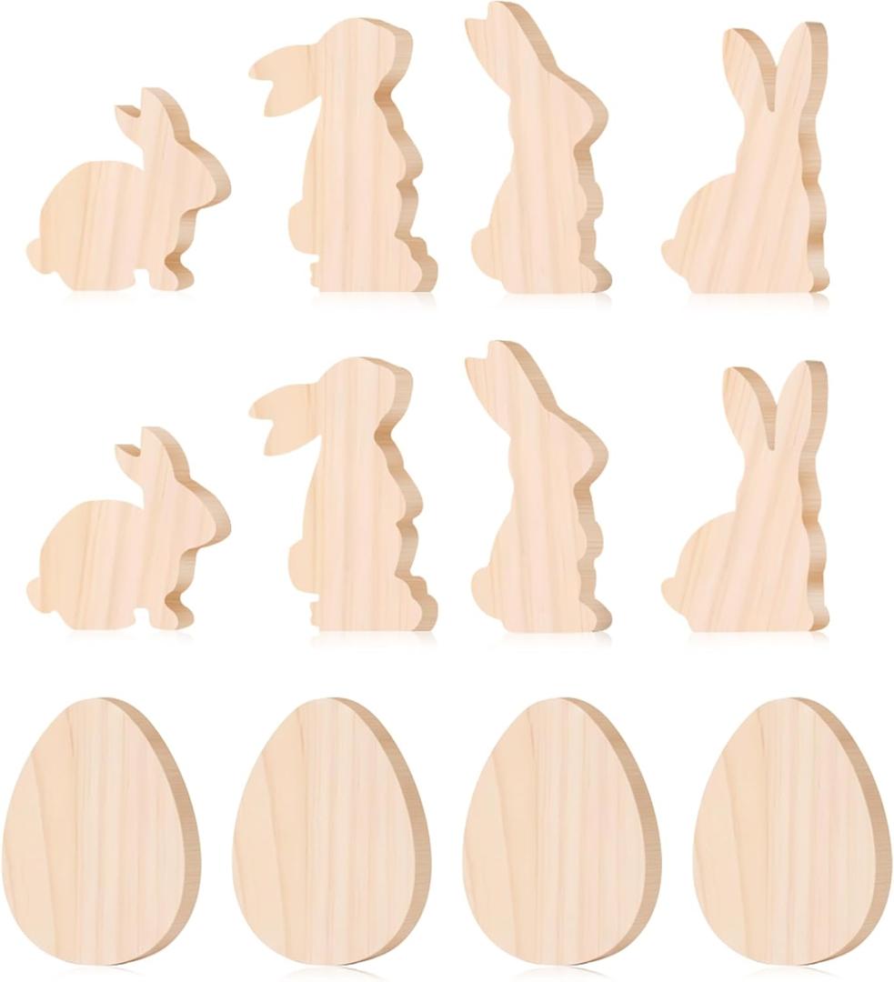12 PCS 4 Inch Unfinished Wooden Cutouts, Blank Wood Bunny Eggs Shapes for DIY Craft Projects, Table Centerpieces and Signs (Rabbit&Eggs)