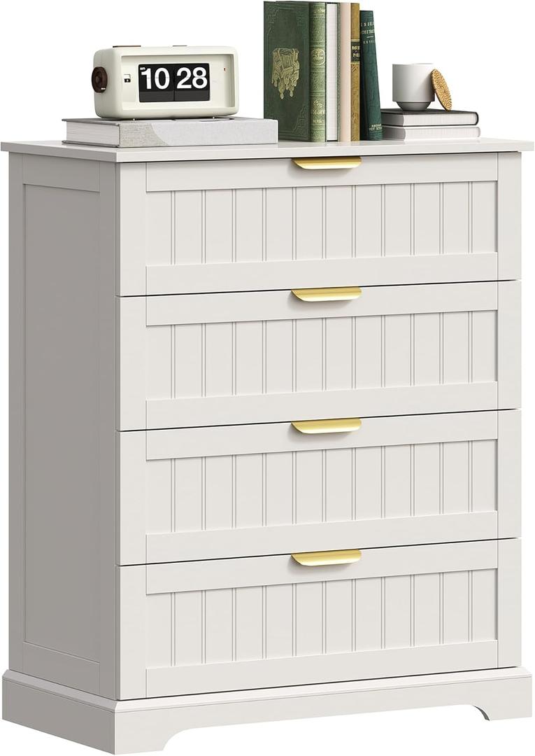 4 Wooden Drawer Dresser for Bedroom Storage, Modern Farmhouse Wood Chest of Drawers with Metal Handles, Wide Storage, Cabinet for Closet, Living Room, or Entryway White (15.7"D x 29.5"W x 36.6"H (4 Drawers))