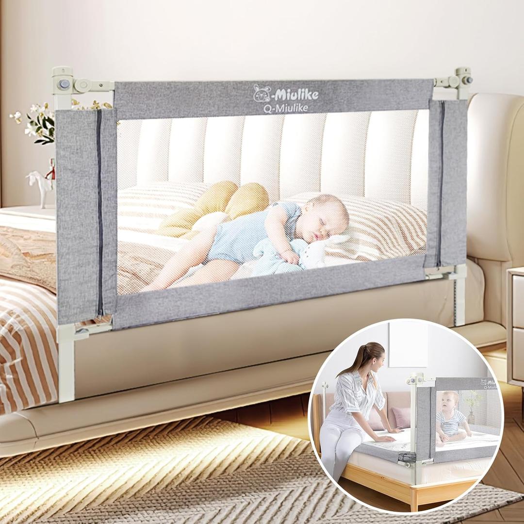 Q-MIULIKE Baby Bed Rails for Toddlers Crib Guard Rail Safety Rail Guards with Double Child Lock, 28 Height Adjustable Toddler Bed Rails (Gray, 58", 1 Piece) for King Queen Twin Full Size Bed