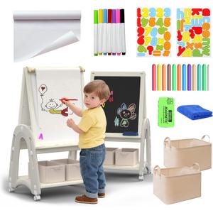 Art Easel for Kids 2-4 with Wheels, Whiteboard, Chalkboard & Paper Roll Adjustable Height 3-in-1 Toddler Easel for 2-4 Year Old Painting Easel for Kids with Storage & Accessories, Grey