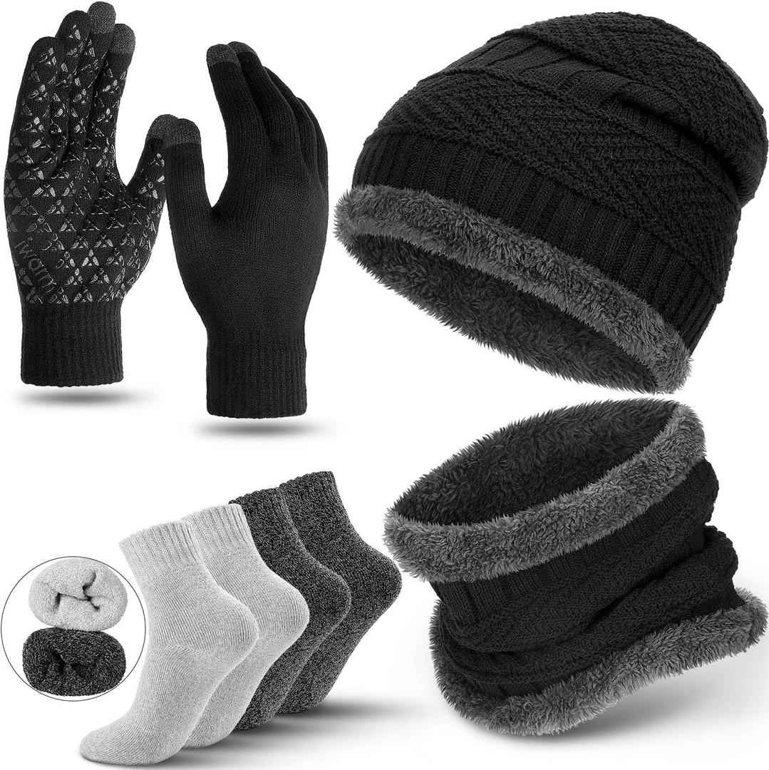 Winter Fleece Lined Beanie Hat Scarf Sock Touchscreen Gloves Set for Men Women (Multicoloured)