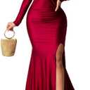 Womens Off Shoulder Sexy V-Neck High Split Long Maxi Dress, Formal Cocktail Party Evening Gown, Medium 