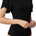 LAOLASI Women's Petal Short Sleeve Bodysuit Crew Neck Slim Fit Casual Stretchy Body suit T Shirts (01 Black)