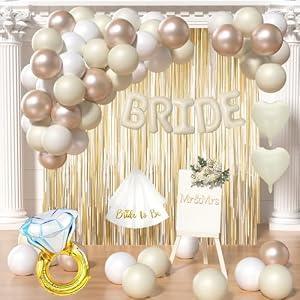 Shanmorine Beige Bridal Shower Decorations Bride To Be Decorations-Sand White Gold Balloons, Bride Balloons, Curtains, Veil, Foil Heart Balloons For Bachelorette/Wedding/Engagement Party Decorations