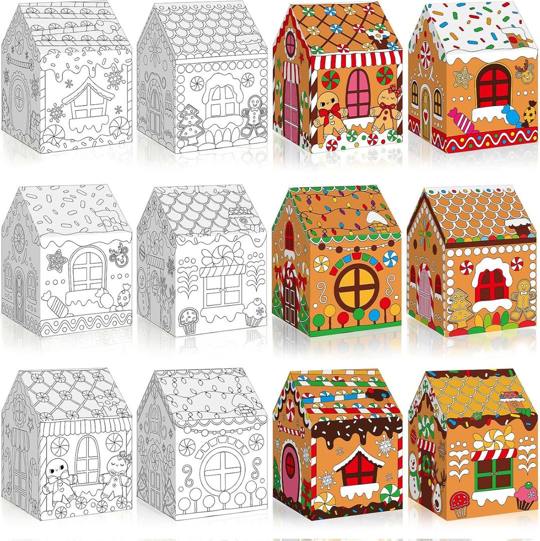 Funrous 12 Pcs Gingerbread Paper Coloring Houses DIY Craft Kit Large Christmas Cookie Gift Boxes Cardboard Color Your Own House Boxes for Holiday Activities Party Decor Gift Packaging 6.89x7.36x9.84in