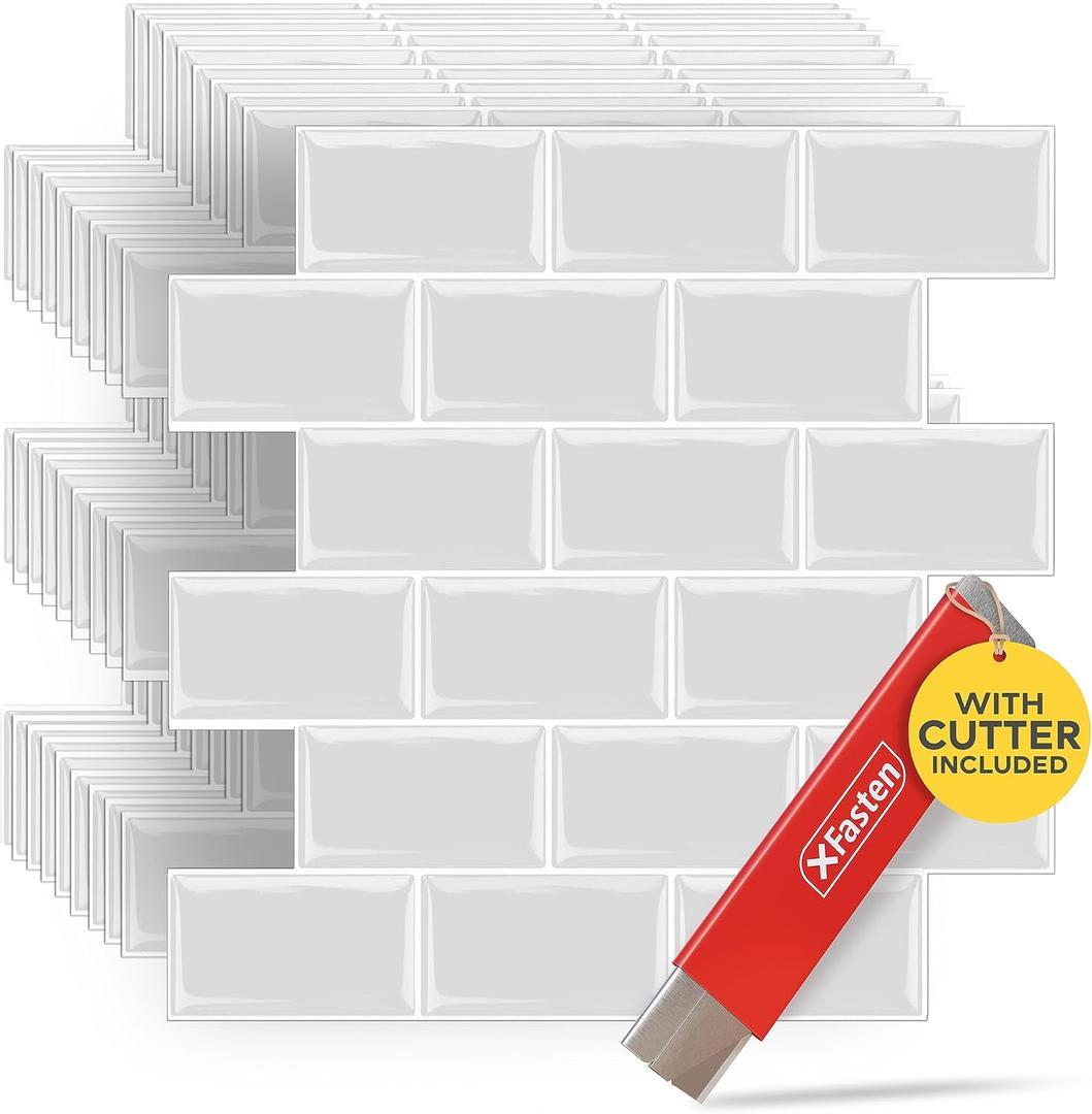 XFasten Backsplash Tile for Kitchen Peel and Stick Tile 10pcs 12 x 12 w/Mini Cutter Off White Subway Tile Peel and Stick Backsplash Waterproof Bathroom Kitchen Wall Tiles Peel and Stick for Walls