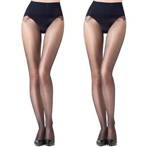 Aaronano 2 Pairs Women's Sheer Seamless Pantyhose Shiny Tummy Control Tights 20D High Elastic Shimmer Silk Stockings M Black