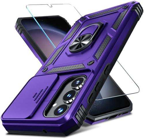 Janmitta Compatible with Samsung Galaxy A35 5G Case Built in Slide Camera Lens Cover+Screen Protector+Finger Ring Holder Kickstand,Heavy Duty Shockproof Full Body Phone Cover,2024 Purple