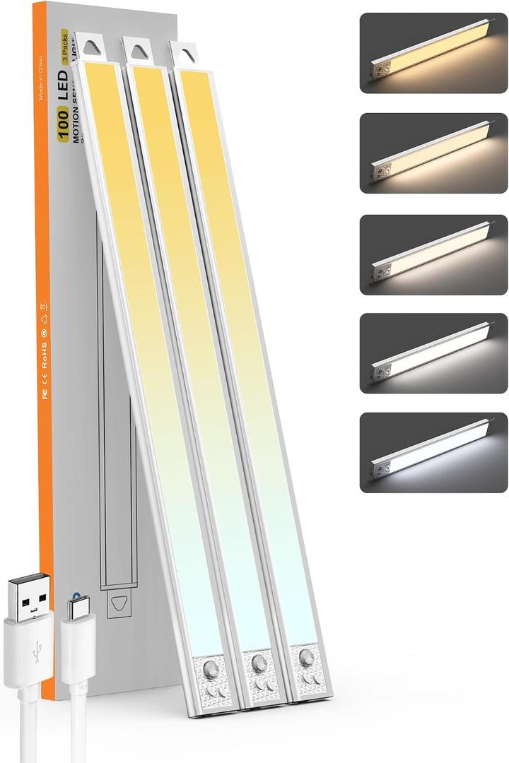 20 Inch Under Cabinet Lighting, 3Pack 5CCT Dimmable Closet Lights, Motion Sensor LED Lights of Battery Operated, Rechargeable Under Counter Light for Kitchen, Stairs, Bedroom, Wardrobe