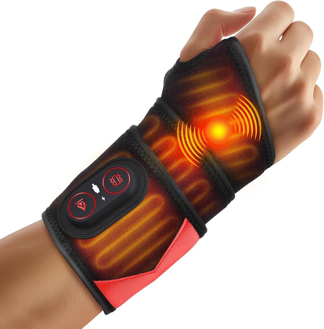 Cordless Wrist Massager for Carpal Tunnel Relief, Hand Massager with Heat, Heated Wrist Massager, Wrist Heating Pad for Pain Relief, Heated Wrist Wrap for Pain, With Red Light, 3 Heat & 3 Massage Modes, Black