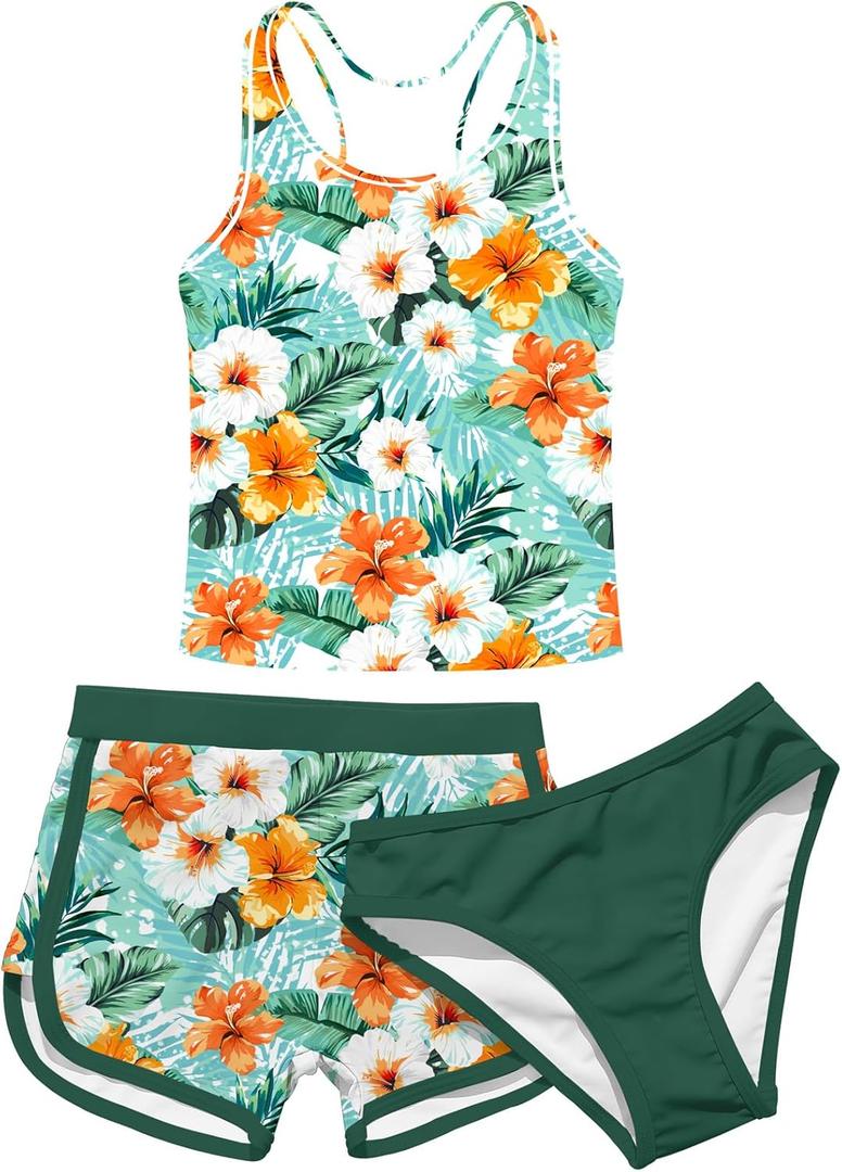 Enlifety 8-18T Girls 3 Piece Tankini Swimsuit Racerback Bathing Suit with Shorts & Briefs (12-13 Years, Green)